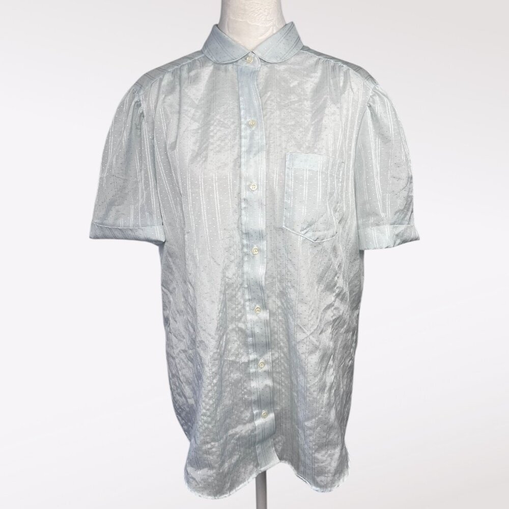 Vintage Satin Secretary Blouse Short Sleeve Button Up Pearl Blue Size 16
